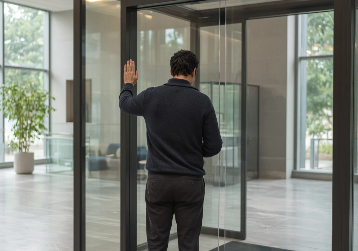 A person standing before an automatic glass door entrance