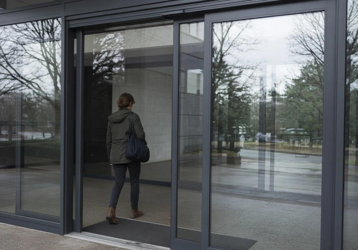 Someone approaching an automatic glass door from the outside